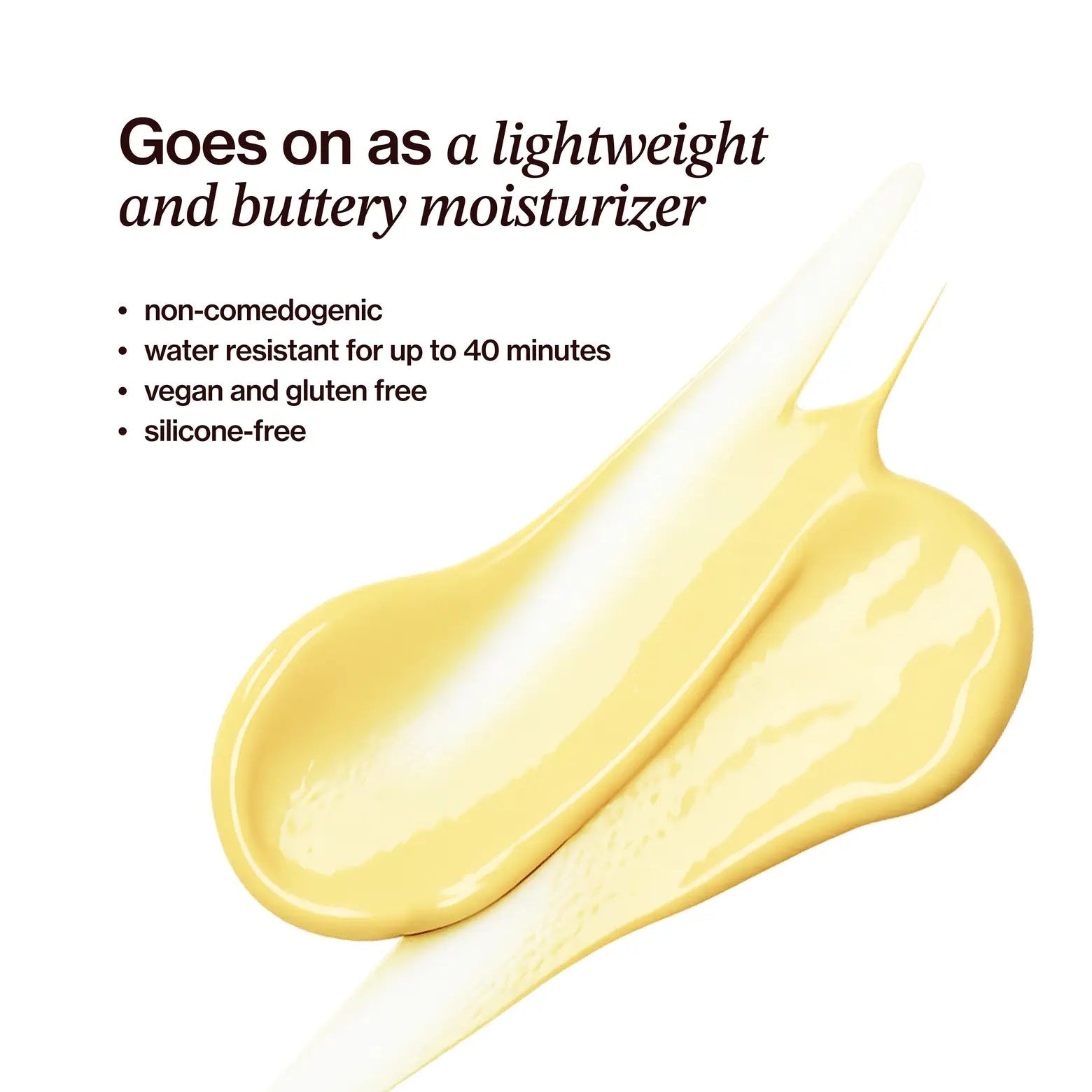 Yellow SPF moisturizer smear with product features on a white background