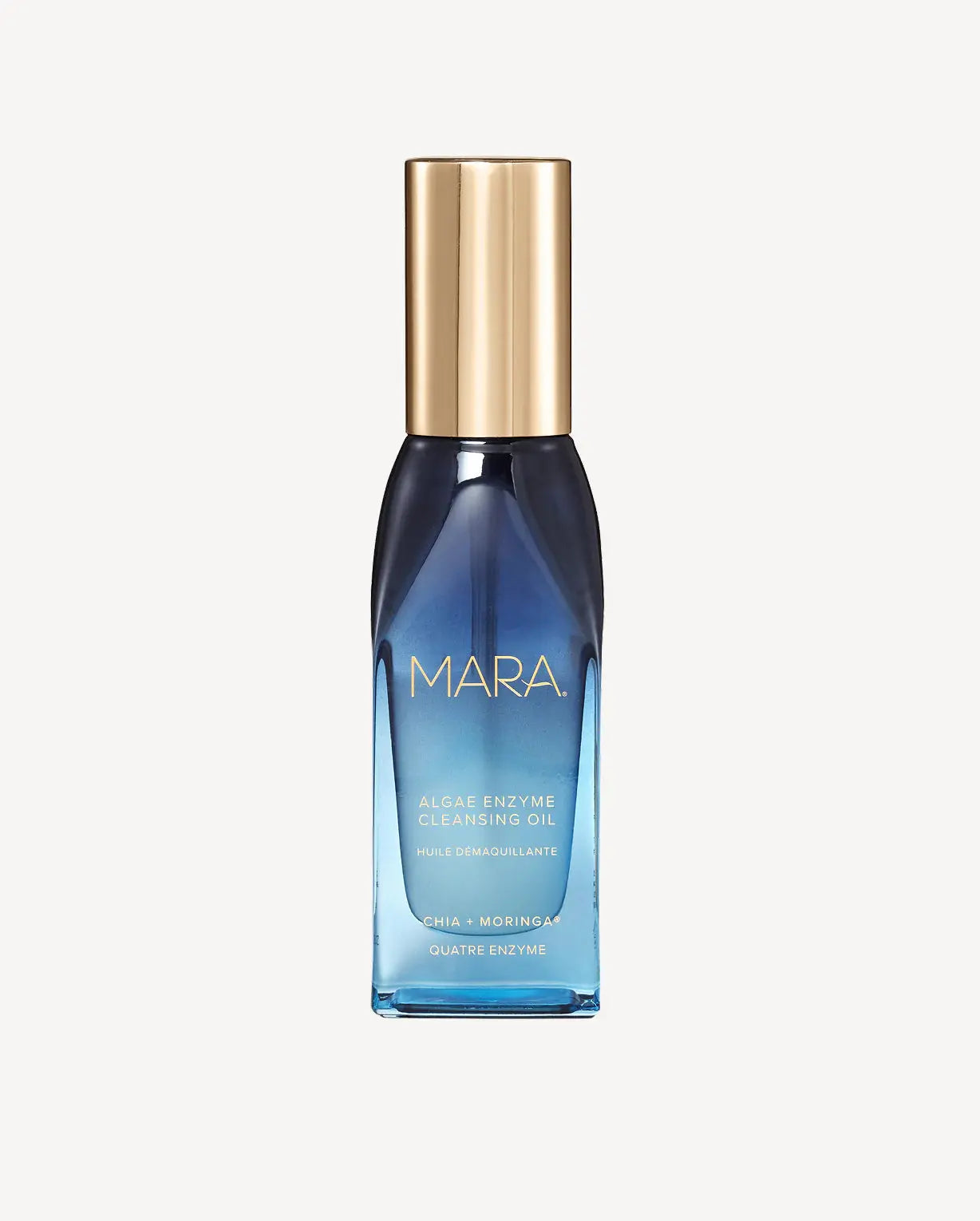 Blue skincare bottle with gold cap on a white background