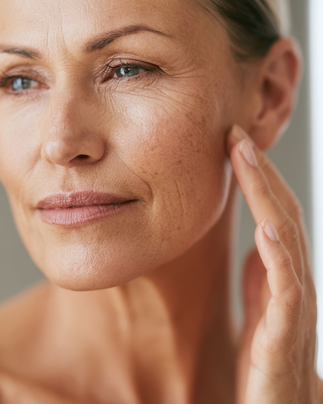 Close-up of a woman's face and hand touching her cheek, with soft natural light and a neutral light gray background.
