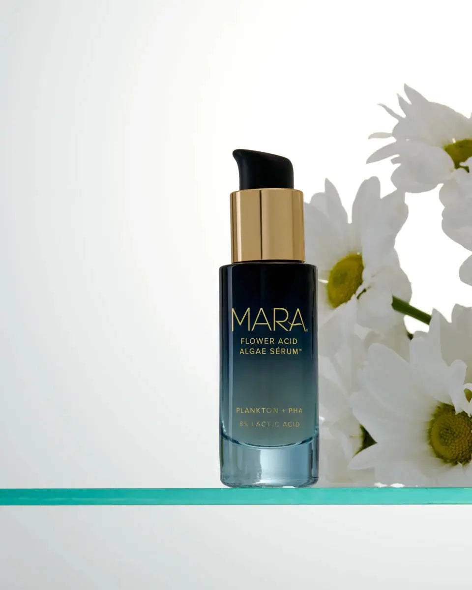 MARA flower acid serum on glass shelf