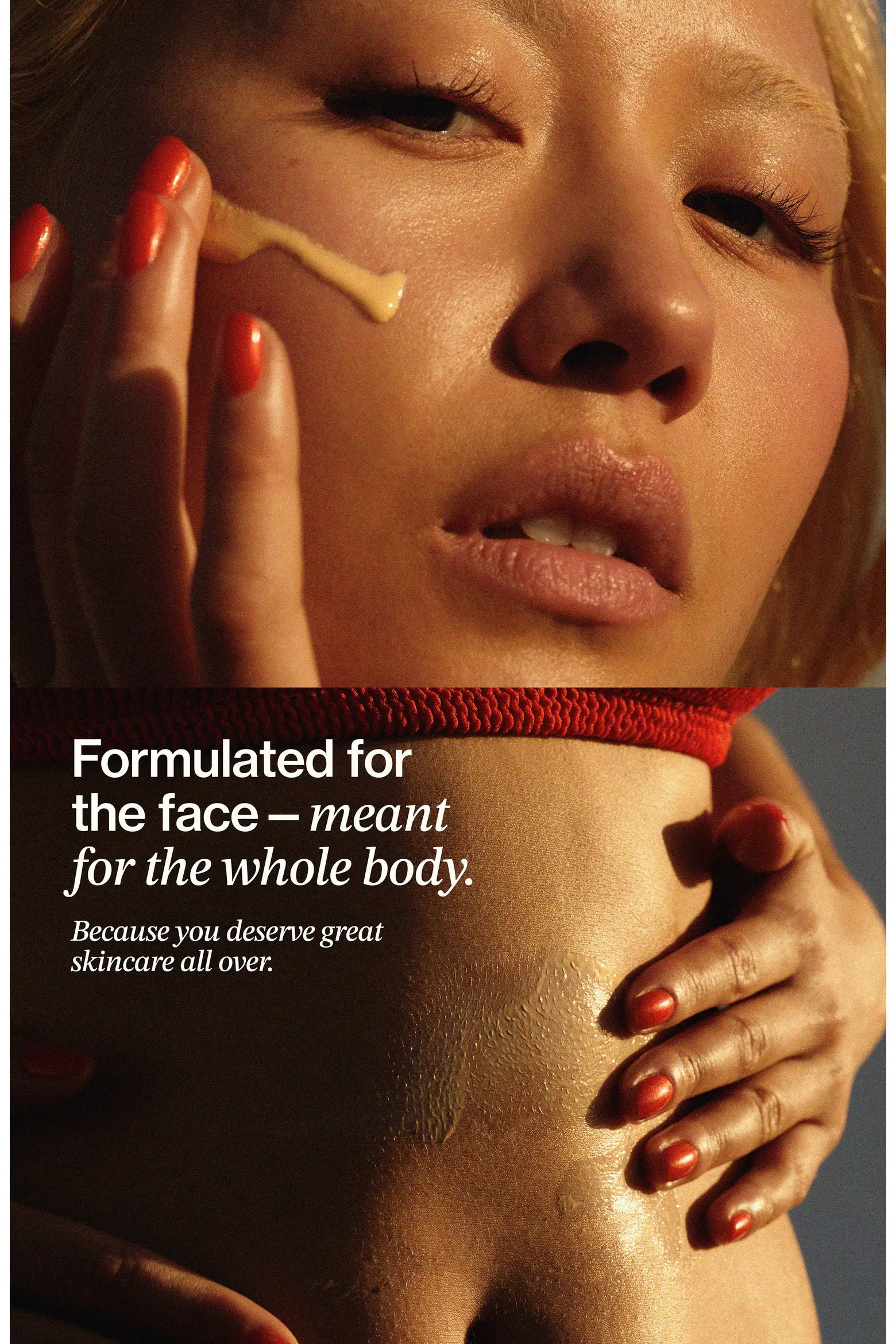 Close-up of a person applying skincare product to their face with text about skincare.