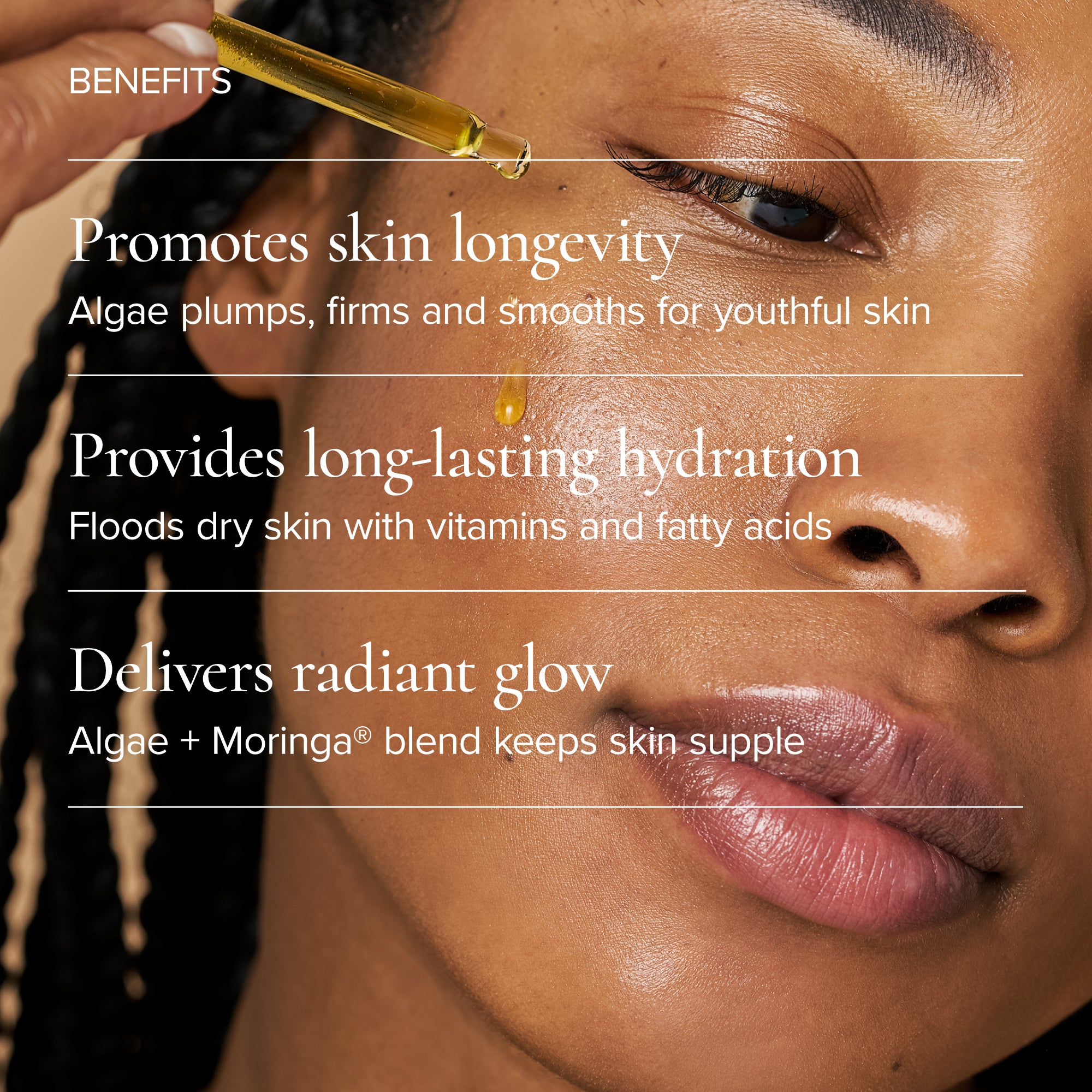 Women applying face oil in background, with description in foregroun d